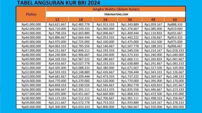 Tabel angsuran KUR BRI Rp41 juta hingga Rp60 juta