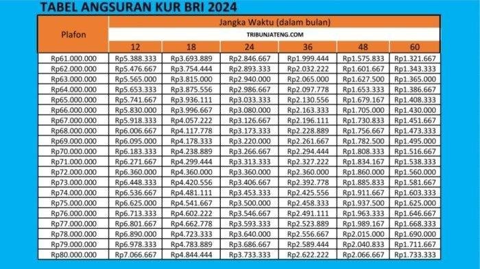 Tabel angsuran KUR BRI Rp61 juta hingga Rp80 juta