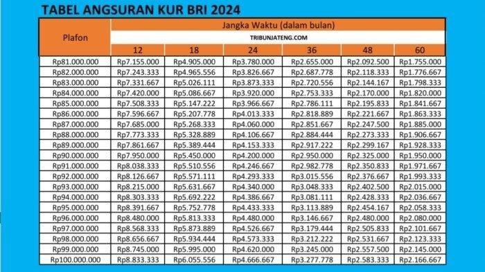 Tabel angsuran KUR BRI Rp81 juta hingga Rp100 juta