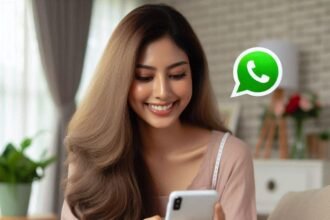 Ilustrasi seorang wanita sedang bermain whatsapp.