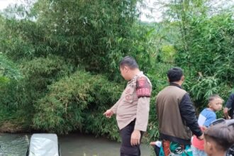 Mobil Kijang Kapsul warna silver (B 1456 CVM) terjun ke sungai