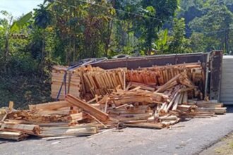 IMG 20250908 WA0009 Truk Bermuatan Kayu Terguling di Tanjakan Buniwangi, Sopir Selamat