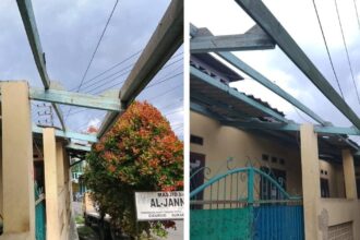 Bagian atap Masjid Al-Jannah yang terlepas diterjang angin puting beliung. (Prima Arno/Telusurbisnis)