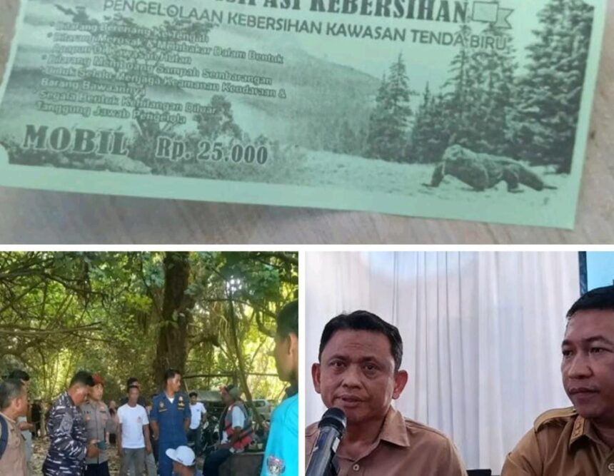 Dinas Pariwisata Kabupaten Sukabumi Soroti Tulisan Tidak Bertanggung Jawab di Tiket Masuk Pantai Tenda Biru 1 Kolase foto tiket masuk wisata pantai Tenda Biru untuk mobil (atas) Kadis Pariwisata Ali Iskandar (kanan bawah) mendampingi Wabup Andreas. (Prima Meidiandi/Telusurbisnis)
