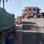 Trus pengangkut beras (kiri) terpaksa parkir di luar area SPBU tak bisa mengisi solar akibat tidak adanya stok bbm subsidi tersebut. (Prima Meidiandi/Telusurbisnis)