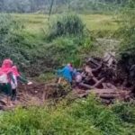Anak sekolah di Desa Buniasih, Sukabumi, berjibaku menyeberangi jembatan ambruk demi sampai ke sekolahnya. (Prima Meidiandi/Telusurbisnis)