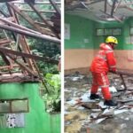 Atap ruang kelas di SDN Ciganas Desa Munjul Kecamatan Ciambar Kabupaten Sukabumi, ambruk akibat kondisi bangunan yang sudah uzur ditambah faktor cuaca.