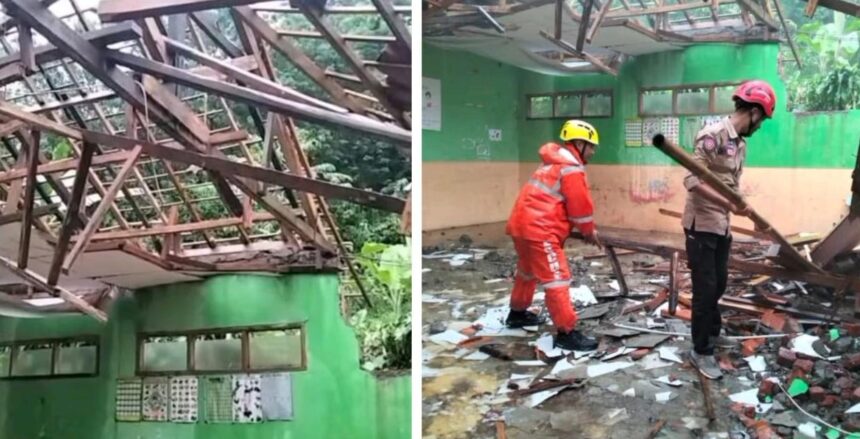 Atap ruang kelas di SDN Ciganas Desa Munjul Kecamatan Ciambar Kabupaten Sukabumi, ambruk akibat kondisi bangunan yang sudah uzur ditambah faktor cuaca.
