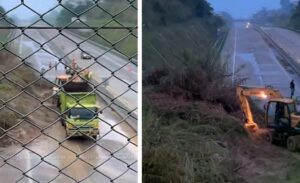 Proses evakuasi material longsor yang menutup sebagian jalur tol bocimi kearah Jakarta. (Prima Meidiandi/Telusurbisnis)